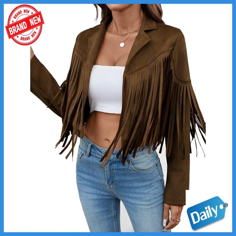 Faux Suede Cropped Jacket with Fringe Tassels, Lined, Western Style